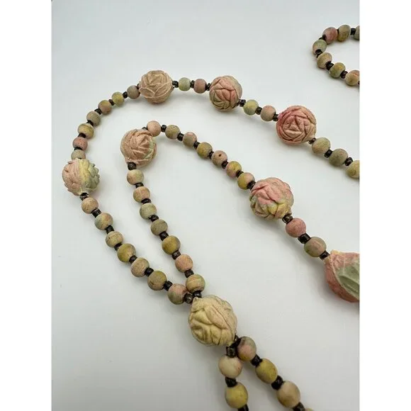Antique Art Deco real pressed rose petals pink beaded sautoir tassel necklace
